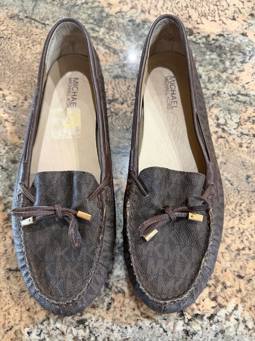 MICHAEL Michael Kors Brown Logo-Print Leather Moccasin Loafers with Gold Accents